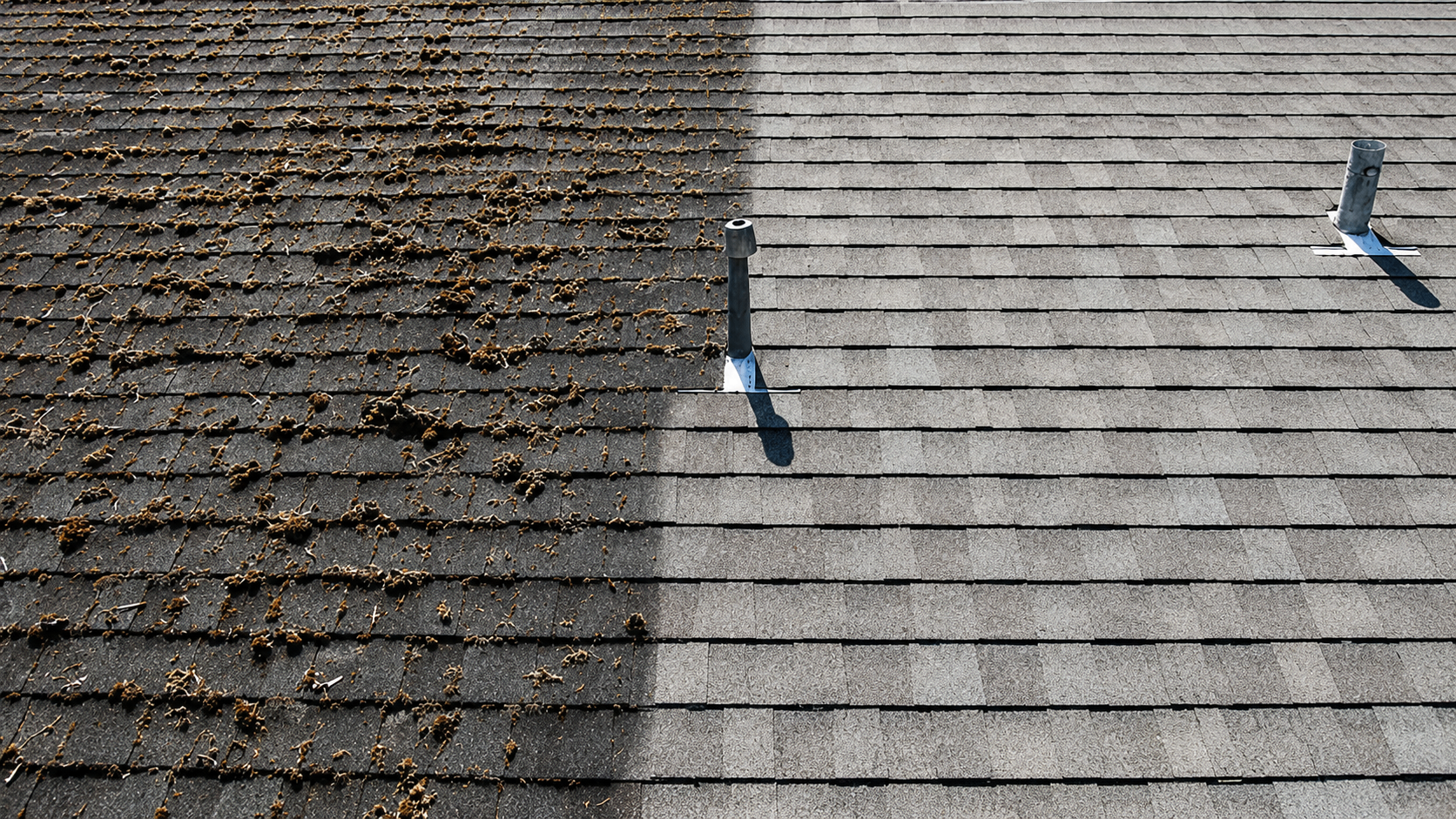 Roof before and after cleaning: moss removed and shingles restored