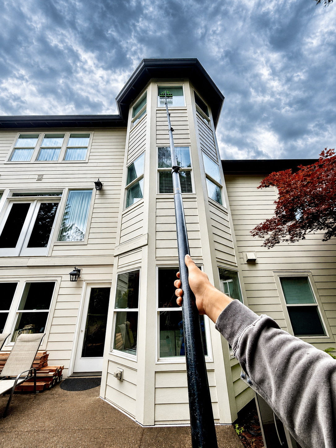 Cleaning tall bay-tower windows on a three-story home