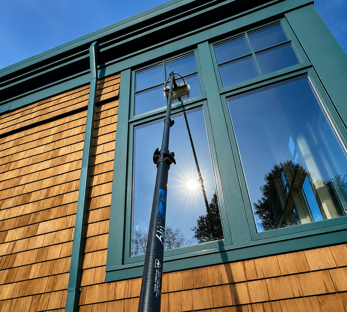 Halen Homes technician using a water-fed pole to clean tall exterior residential windows