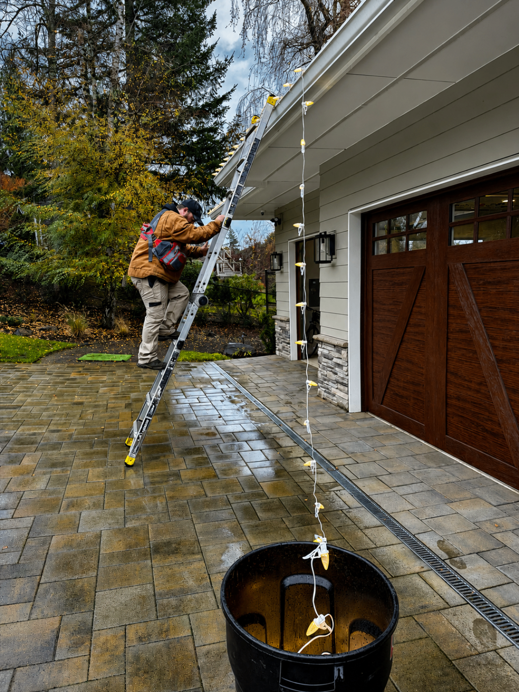 Christmas light installation on a craftsman home with carriage garage doors after Oregon rain