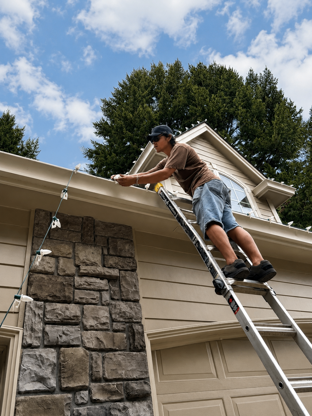 Installer stringing warm white C9 lights above a stone accent on a sunny fall day