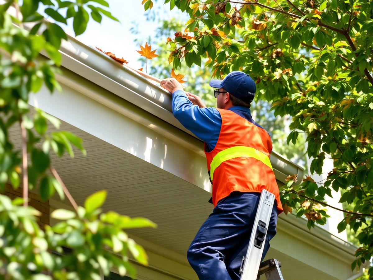 Professional worker cleaning residential gutters from a ladder